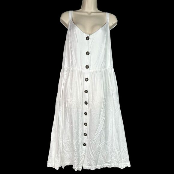 Cottagecore Midi Dress Button Front A-Line White Plus Size 24 V-Neck Smocked - Picture 3 of 16
